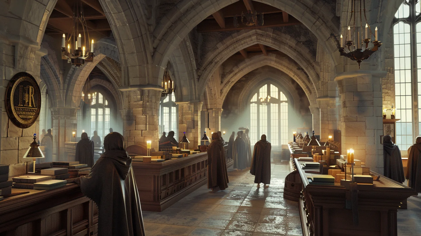 VISINVOKE output example of a candlelit stone hall with clerks, desks and visitors