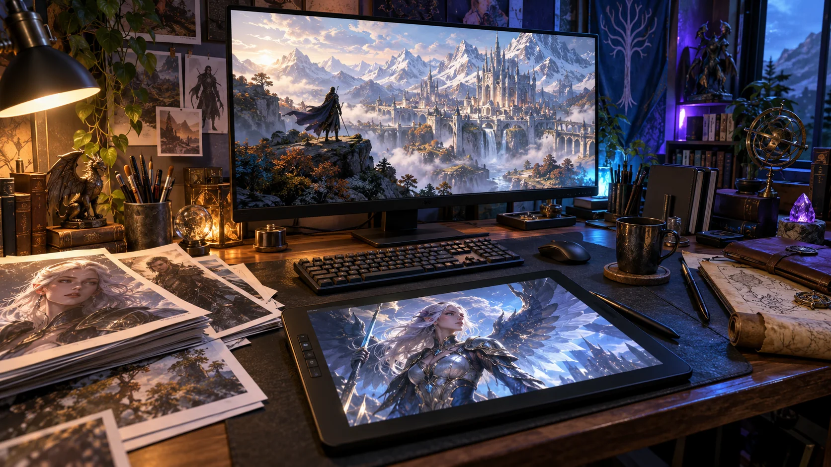 Capability artwork of a creative desk with fantasy artwork and a connected digital toolkit