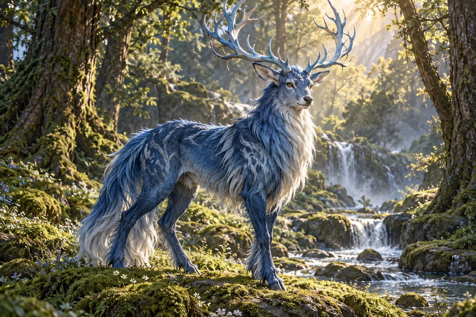 Focused creature-generator capability illustration of one blue antlered woodland guardian