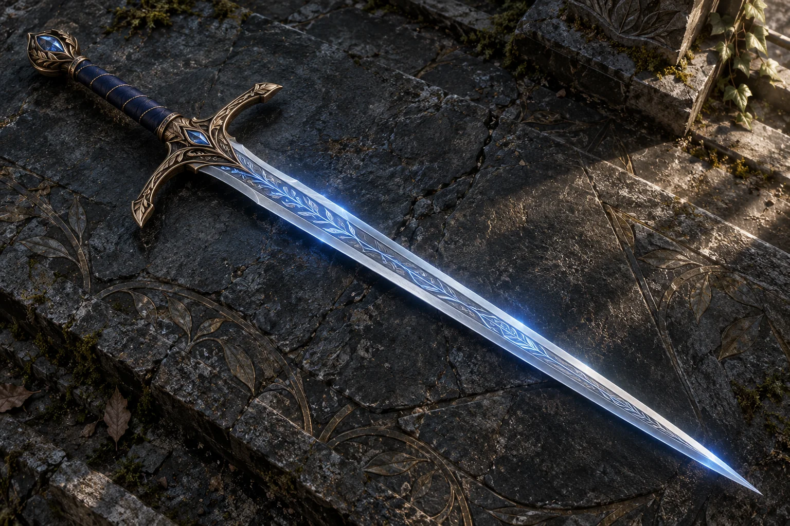 Focused weapon-generator capability illustration of one ornate silver-blue longsword